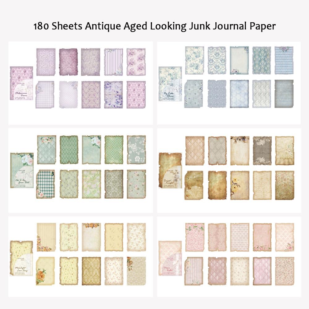 180 Sheets Vintage Scrapbook Paper, Journaling Scrapbooking Supplies, Antique Aged Looking Background Paper for Junk Journals Card Making Mixed Media Decoupage
