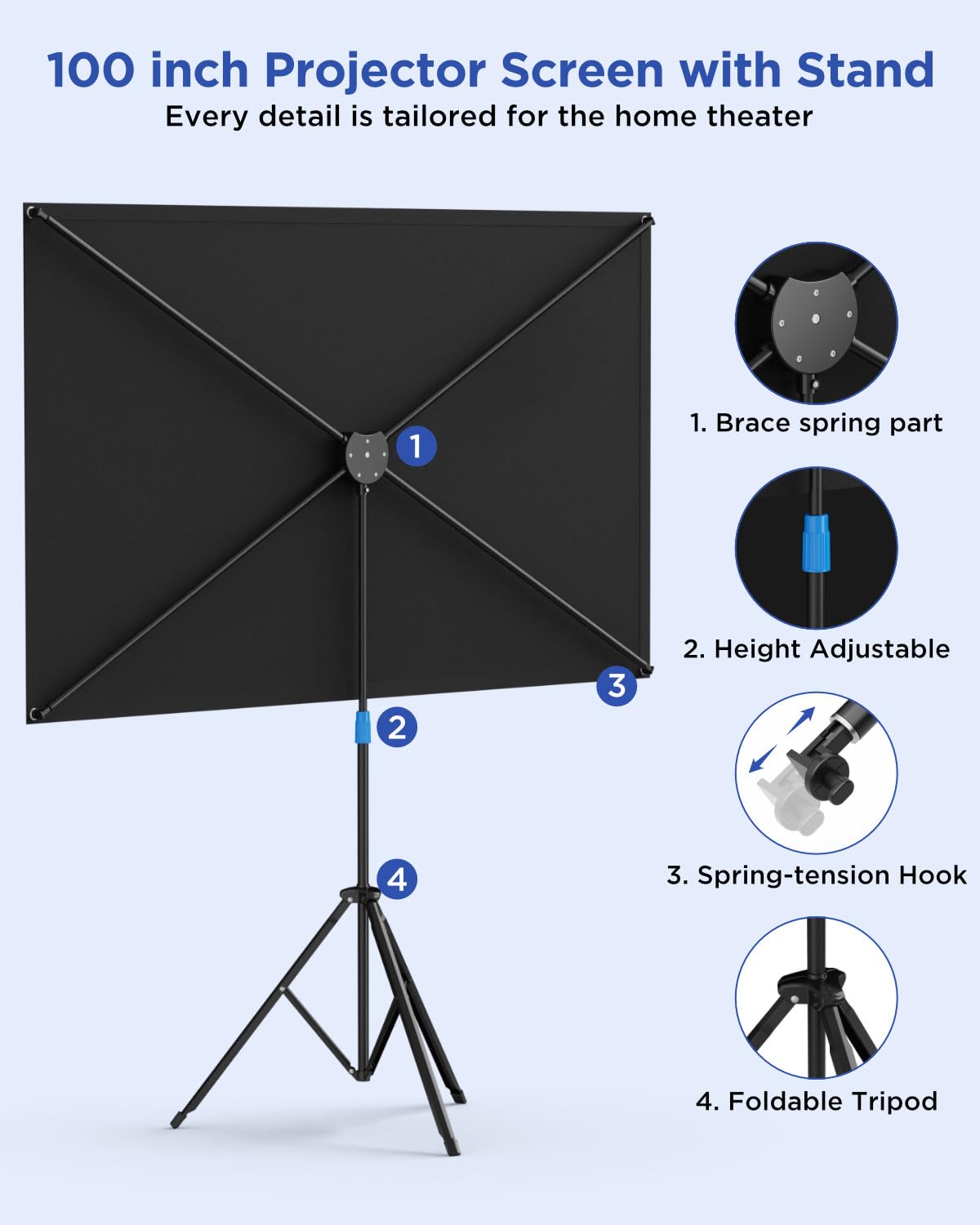 Projector Screen with Stand, 80 Inch Portable Projector Screen Outdoor Indoor, 1.2 Gain Fiberglass Projection Screen, 16:9 Outdoor Movie PVC Screen with Carrying Bag for Movie Night(White Screen)