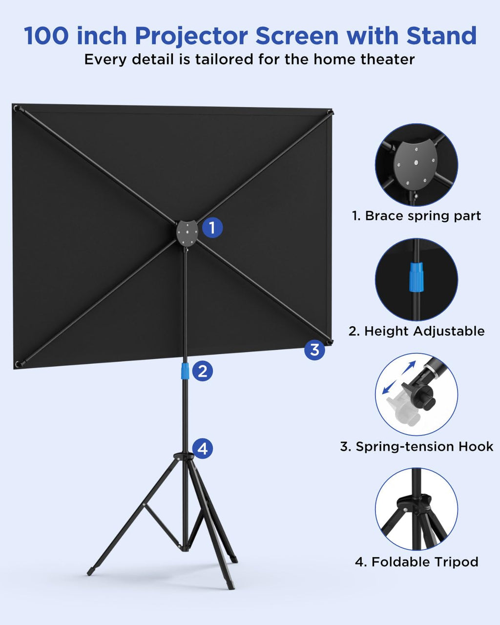 Projector Screen with Stand, 80 Inch Portable Projector Screen Outdoor Indoor, 1.2 Gain Fiberglass Projection Screen, 16:9 Outdoor Movie PVC Screen with Carrying Bag for Movie Night(White Screen)