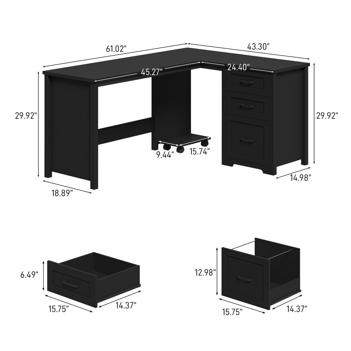 Vabches: 61" Farmhouse L-Shaped Student Study Desk with Drawers & Mobile CPU Mount