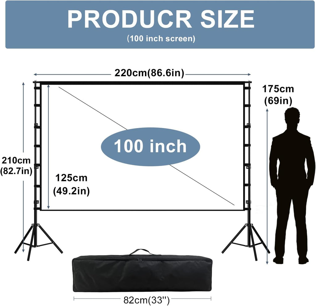 100 Inch Outdoor Projector Screen with One-Piece Telescopic Stand, Wrinkle-Resistant 4K HD Movie Screen for Backyard, Camping and Indoor Home Theater (Fits Long Throw Projectors)