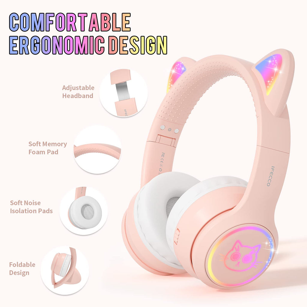 IFECCO Kids Bluetooth Headphones with Case,Cute LED Light Up Cat Ears