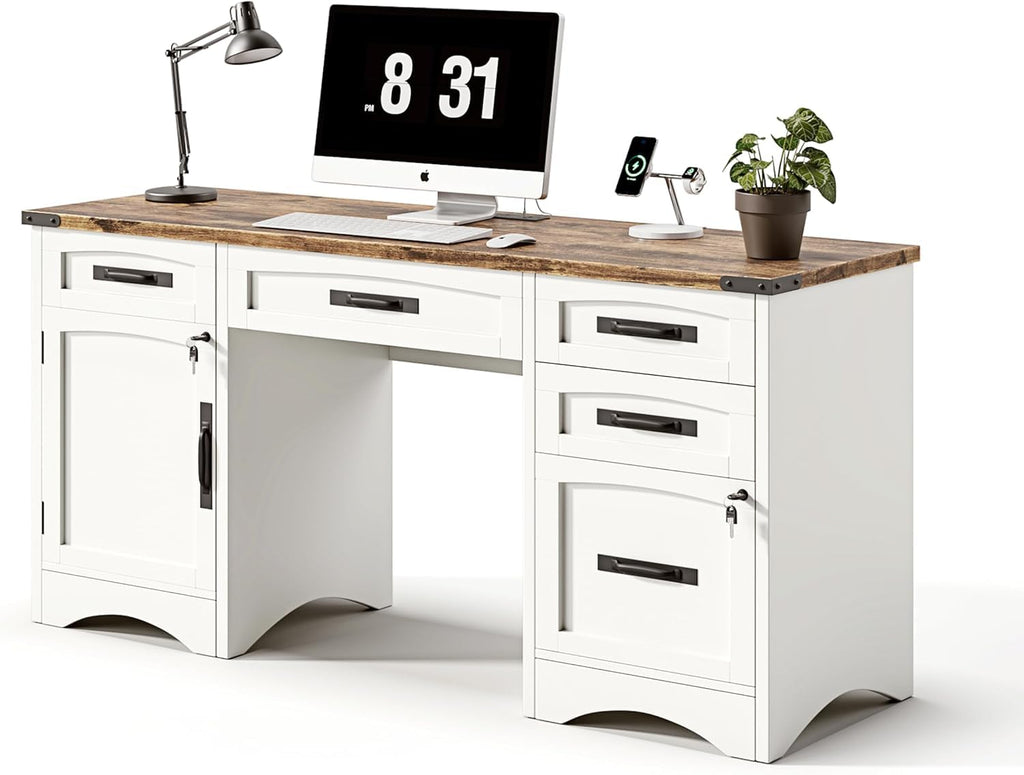 Decofy 67" Farmhouse L Shaped Standing Desk with Drawers Home Office Executive Desks with Fast Charging Station, Lockable File Cabinet, Wood Writing Computer Desk for Work, Study, White