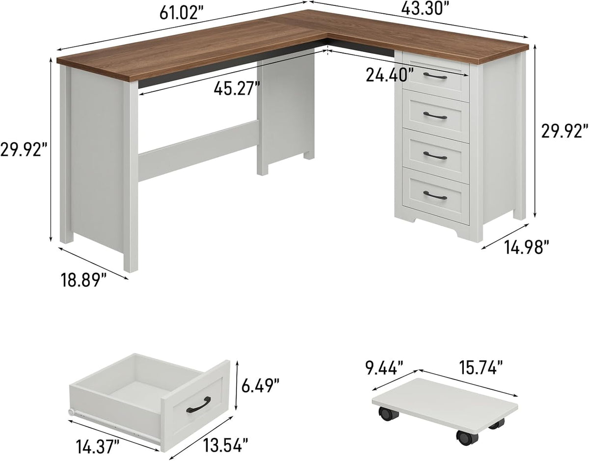 Vabches: 61" Farmhouse L-Shaped Student Study Desk with Drawers & Mobile CPU Mount