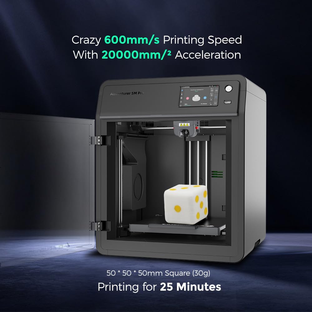FLASHFORGE Adventurer 5M 3D Printer, 600mm/s High-Speed, 1 Click Fully Auto Leveling, Upgraded Direct extruder Quick Detachable 280°C Nozzle, Dual-Sided PEI Coating Plate, Print Size 220x220x220mm