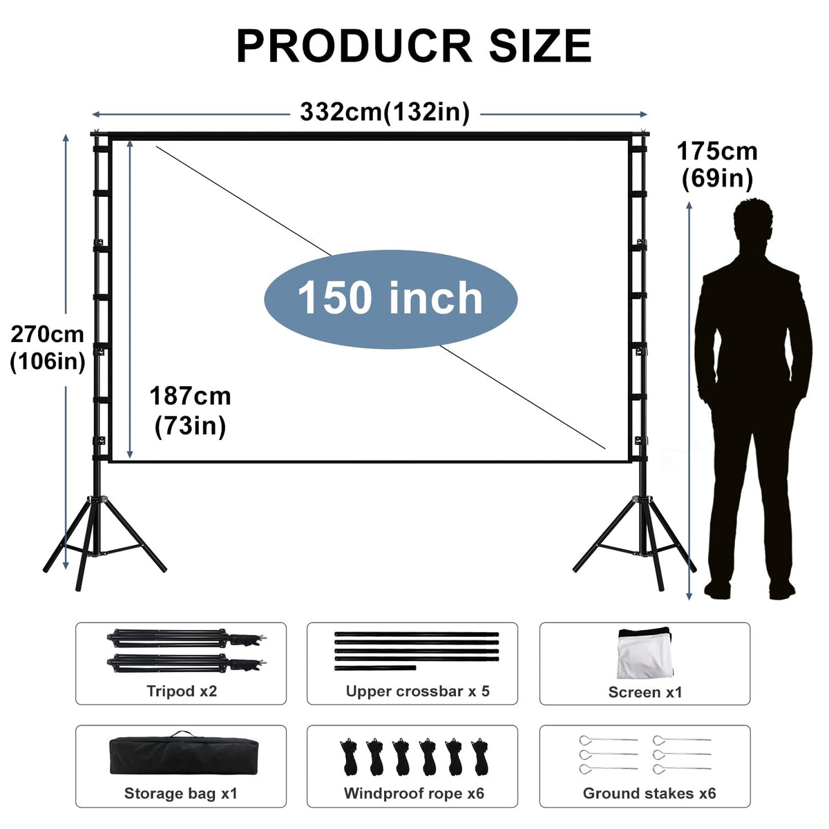 100 Inch Outdoor Projector Screen with One-Piece Telescopic Stand, Wrinkle-Resistant 4K HD Movie Screen for Backyard, Camping and Indoor Home Theater (Fits Long Throw Projectors)