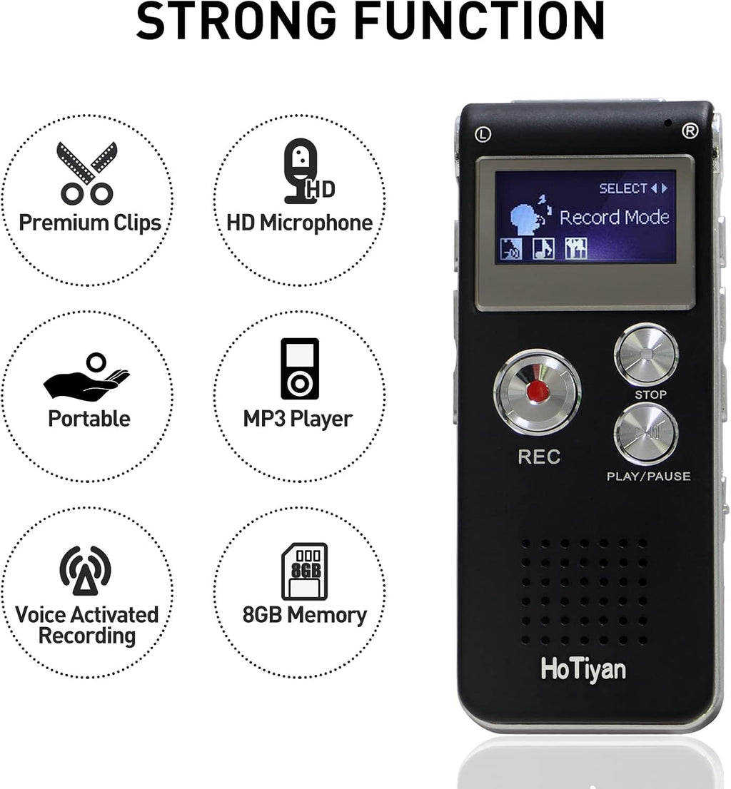 Digital Voice Recorders 8GB Audio Recorder Voice Activated Recorder for Lectures, Meetings, Interviews Recording Device with Microphone USB Cable, MP3 Player (8GB