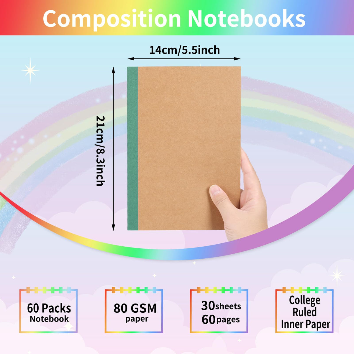 EOOUT 5 Pack A5 Composition Notebook, Kraft Lined Journal Bulk with Rainbow Spine, 5 Colors, 60 Pages for Women Girls Kids, School Office Supplies