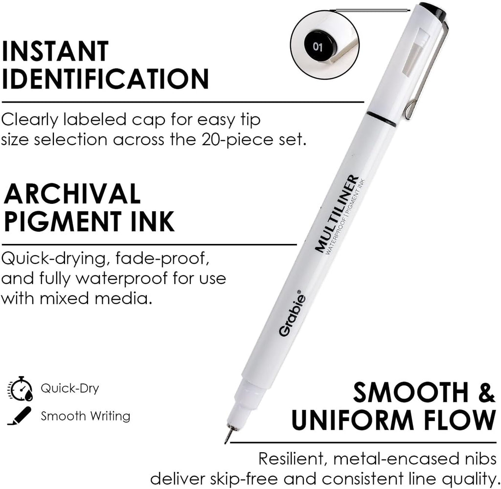 Grabie Micro Fineliner Pens, 10 Multicolor Waterproof Drawing Pens