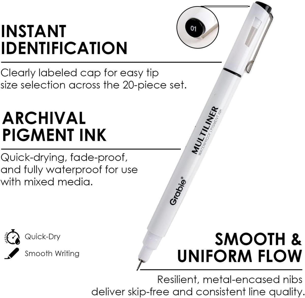 Grabie Micro Fineliner Pens, 10 Multicolor Waterproof Drawing Pens