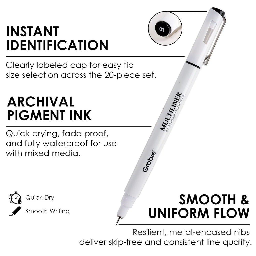 Grabie Micro Fineliner Pens, 10 Multicolor Waterproof Drawing Pens