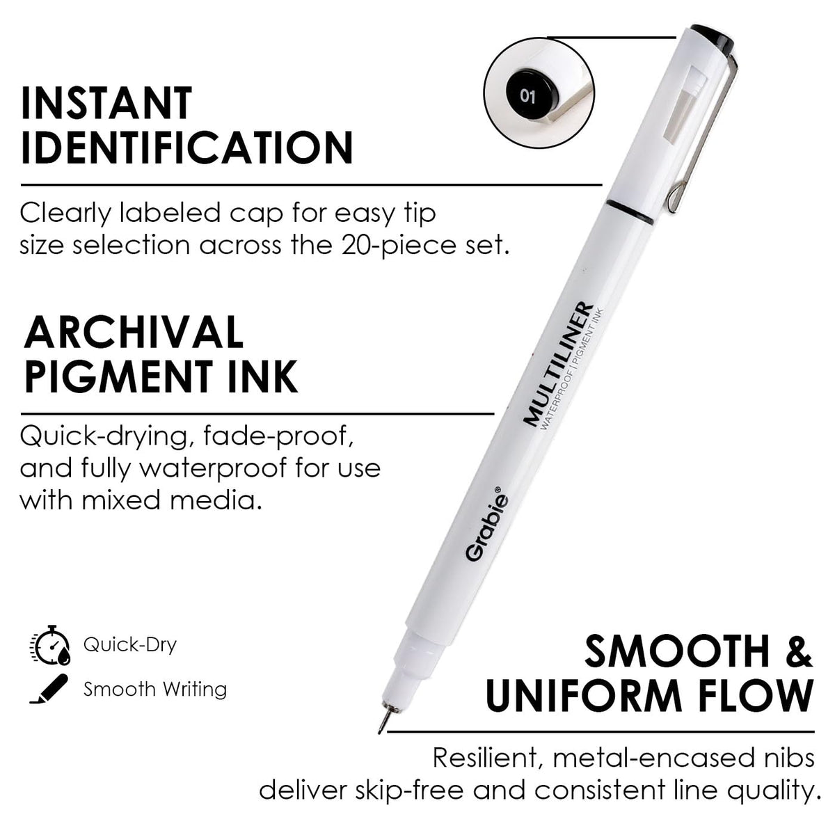Grabie Micro Fineliner Pens, 10 Multicolor Waterproof Drawing Pens