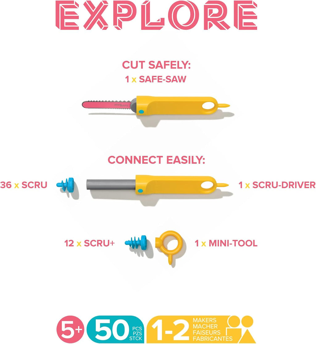 Makedo Explore | Safe Cardboard Construction Tool Kit for Kids, 50 Pieces