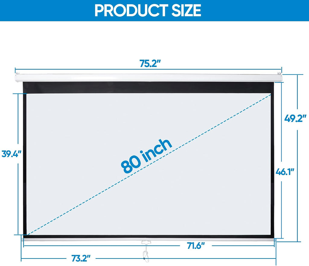 80 Inch Projection Screen, Outdoor Indoor 16:9 HD Foldable Manual Pull Down Projector Screen for Movie Home Backyard Theater Cinema Office Video Game, White