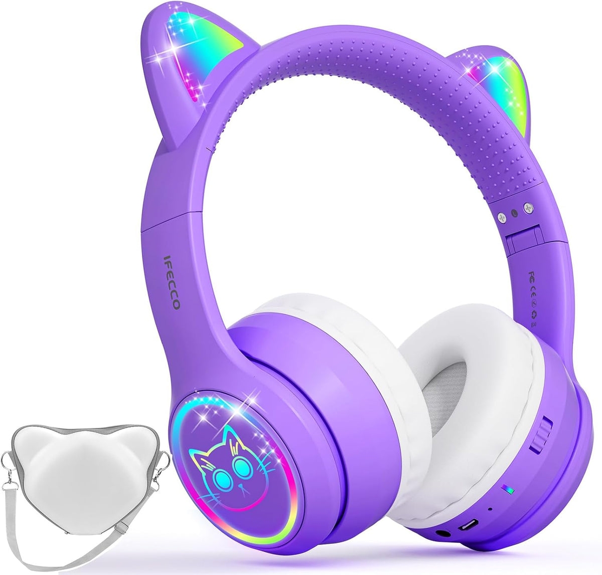 IFECCO Kids Bluetooth Headphones with Case,Cute LED Light Up Cat Ears