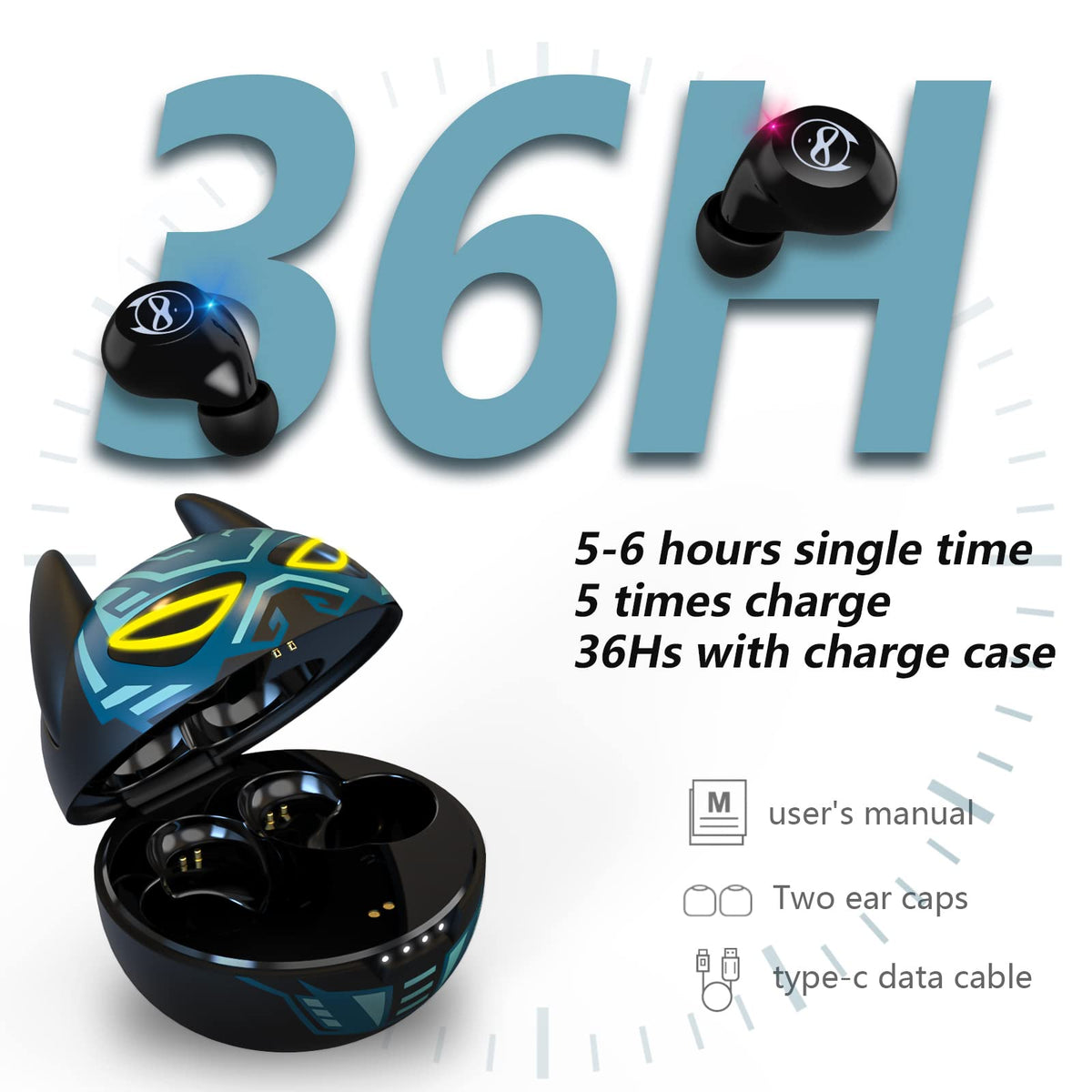 Kids Wireless Earbuds, Noise Reduction Earbuds for Kids Bluetooth 5.0 Waterproof in-Ear Headphones with Mic and Charging Case, Deep Bass Touch Control 36H Playtime Headset for School.