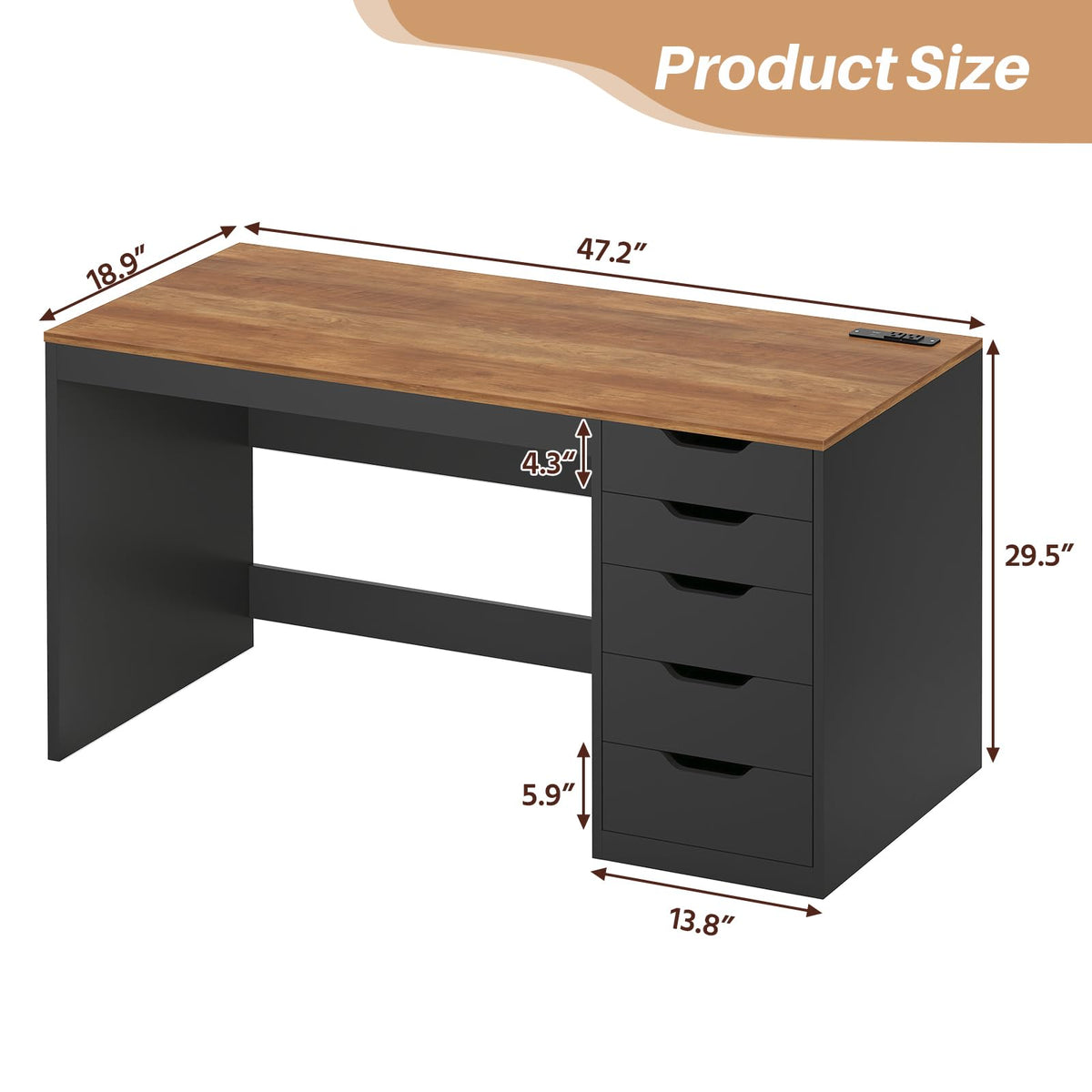 YOMILUVE: 47" Computer Desk with 5 Drawers & Charging Station