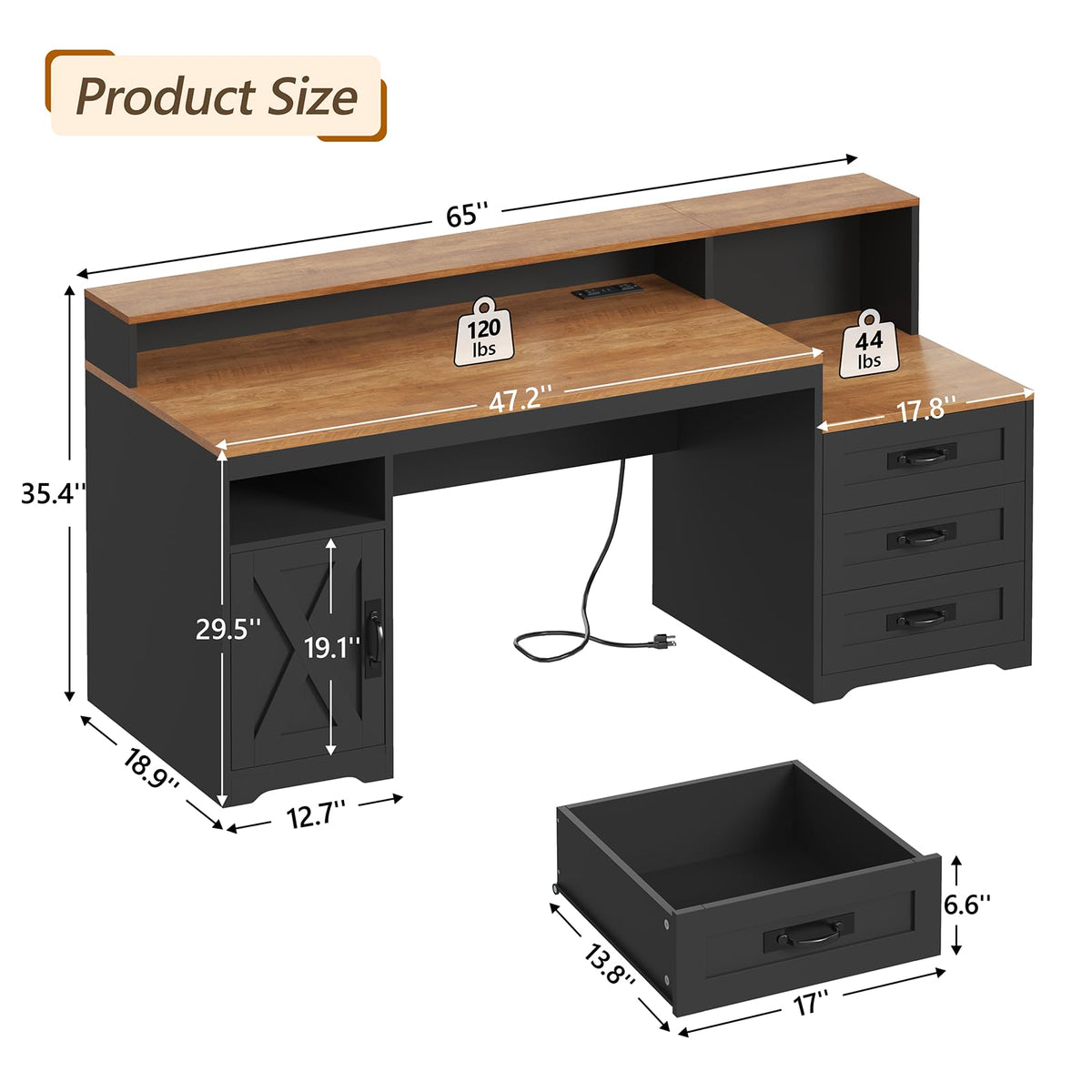 65" Farmhouse Computer Desk with Drawers and Printer Stand for Home Office