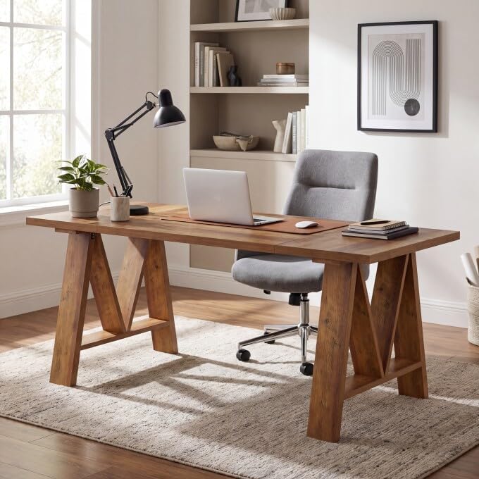 Tribesigns: 63" Farmhouse Executive Desk with A-Frame Legs (Brown)