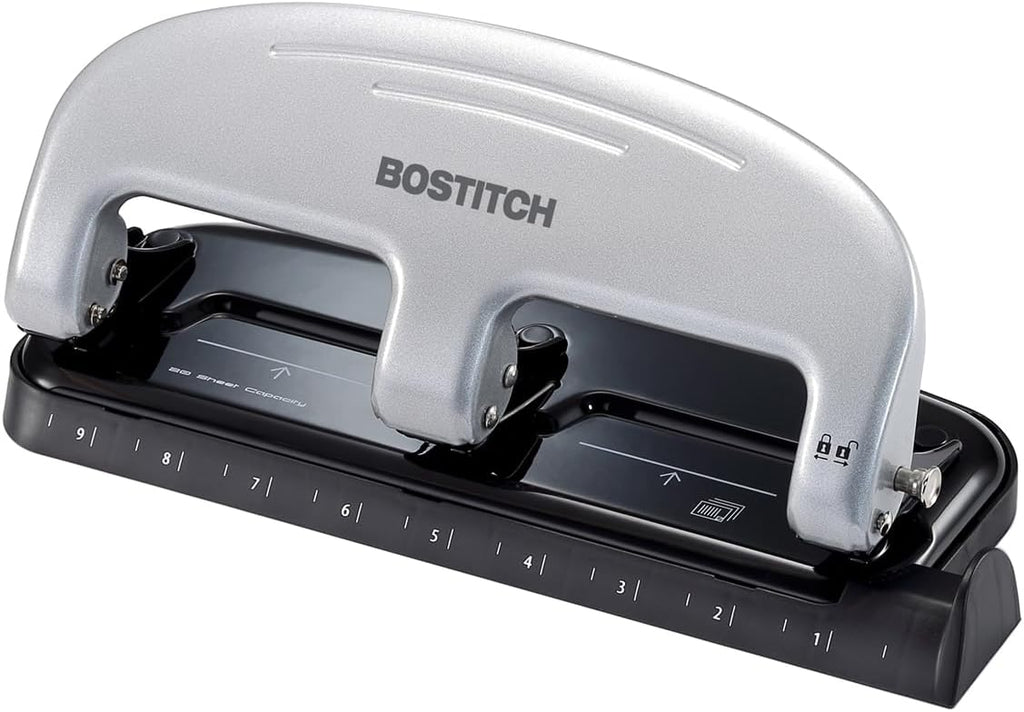 Bostitch EZ Squeeze 3-Hole Punch – 20-Sheet Capacity, No-Jam, Reduced Effort, Metal