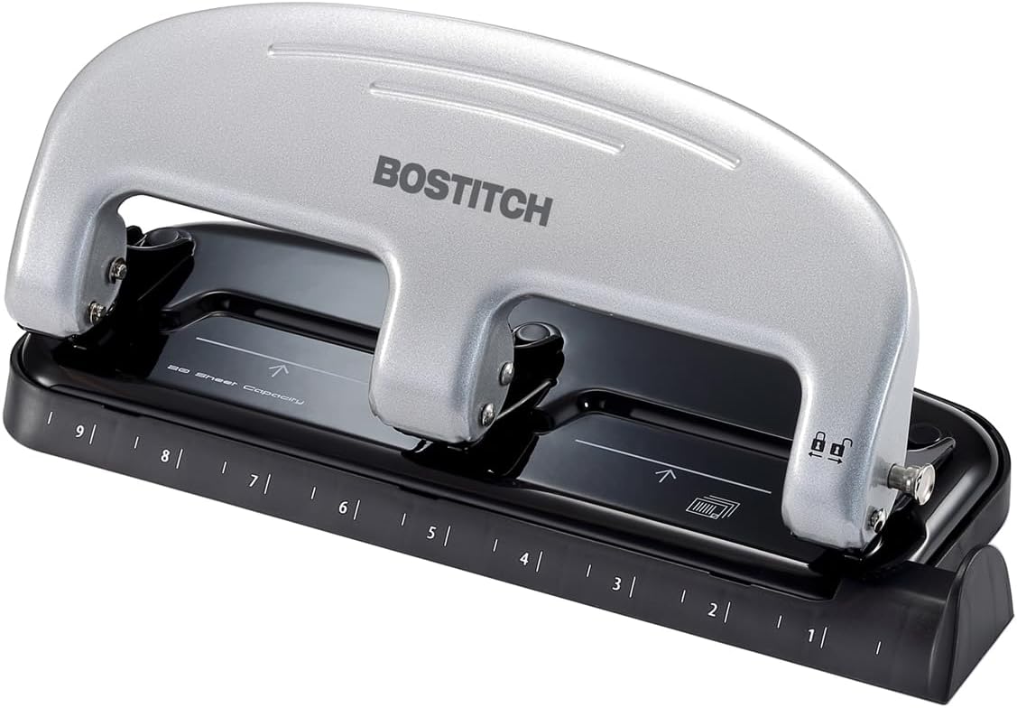 Bostitch EZ Squeeze 3-Hole Punch – 20-Sheet Capacity, No-Jam, Reduced Effort, Metal