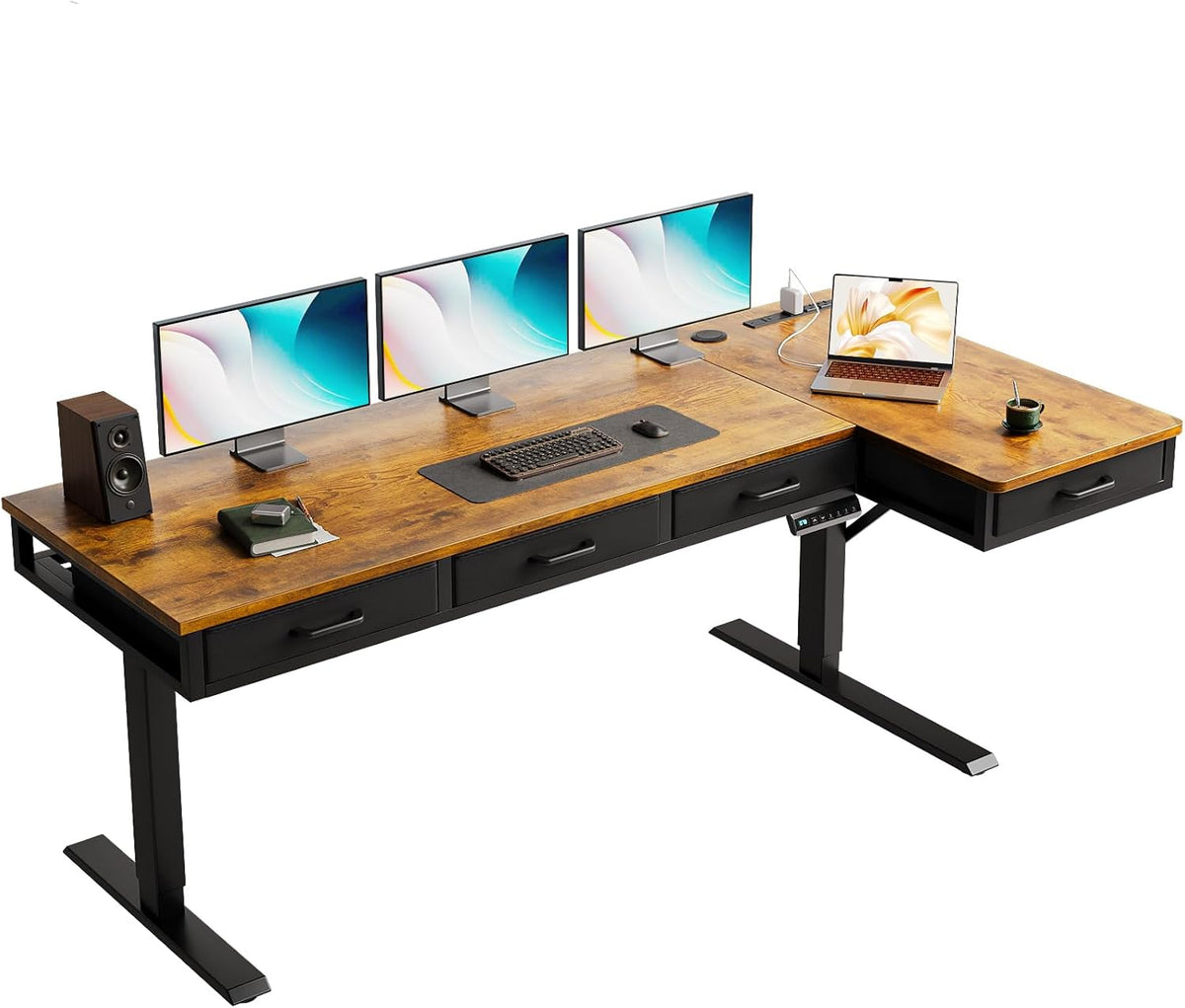 OffiGo: 63" L-Shaped Electric Height-Adjustable Standing Desk with 4 Drawers & Charging Station