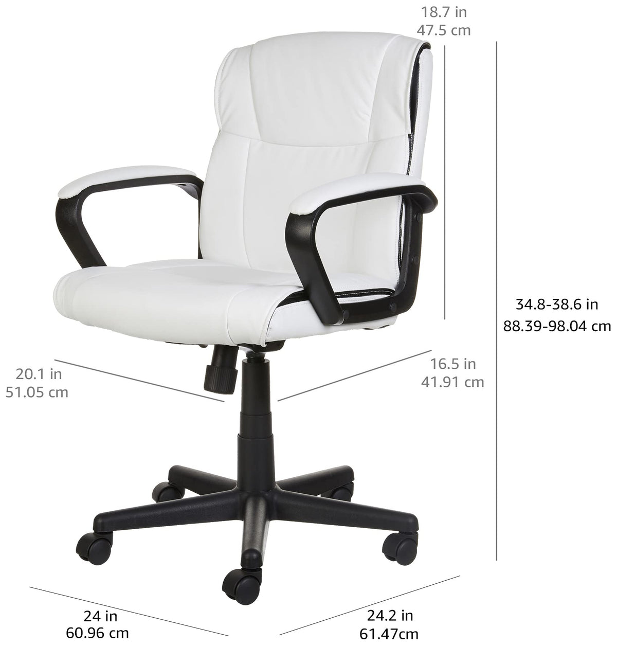 Amazon Basics Office Task Chair with Adjustable Height, 360° Swivel, Padded Armrests, Mid-Back, Rolling, 275 Pound Capacity, 24.2"D x 24"W x 34.8"H, Black Faux Leather