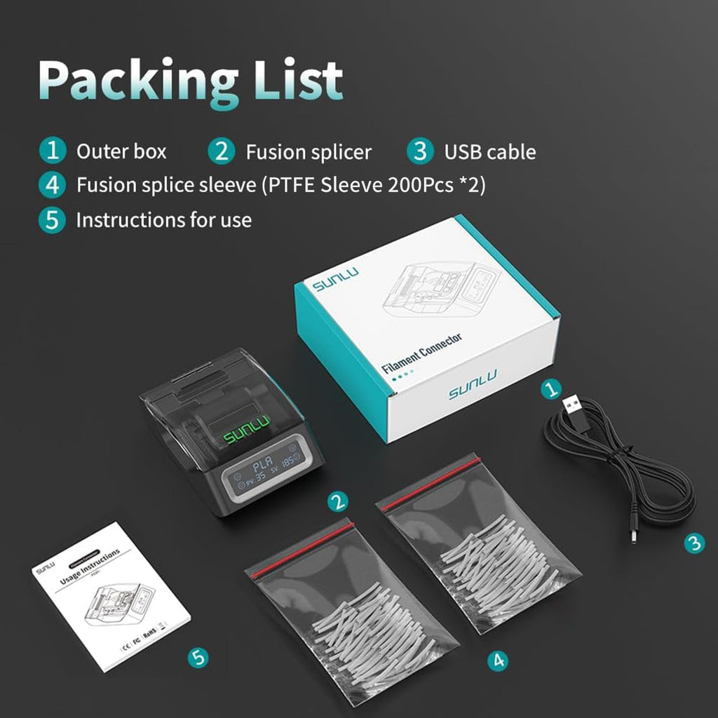 SUNLU Filament Connector, Filament Splicer with 200Pcs PTFE Sleeve for 3D Printer Filament 1.75mm, Fast Heating Up to 240°C, Compatible with PLA PETG TPU ABS PA Nylon