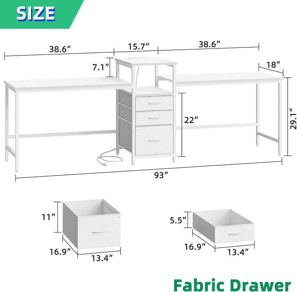 GYIIYUO 93'' Two Person Desk with Charging Station, Long Desk with 3 Drawer