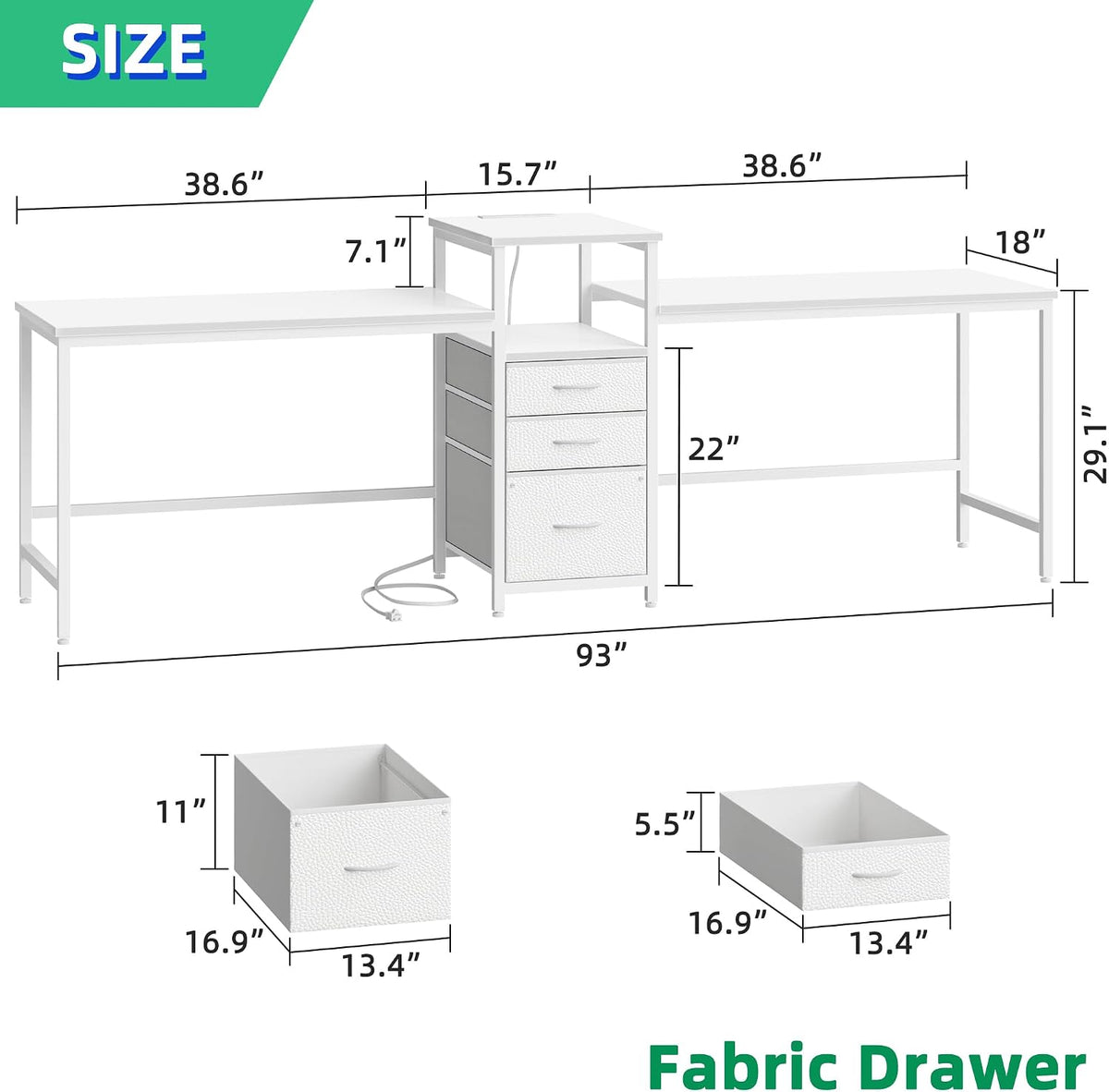 GYIIYUO 93'' Two Person Desk with Charging Station, Long Desk with 3 Drawer
