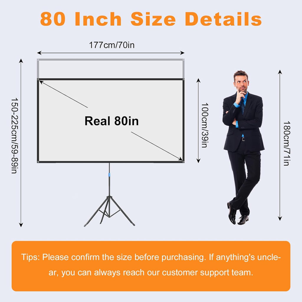 Projector Screen with Stand, 80 Inch Portable Projector Screen Outdoor Indoor, 1.2 Gain Fiberglass Projection Screen, 16:9 Outdoor Movie PVC Screen with Carrying Bag for Movie Night(White Screen)