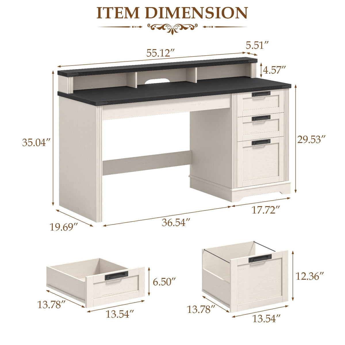 Vabches 51" Executive Desk Farmhouse Home Office Desk with Charging Station, LED Light, File Drawer, Storage Cabinet, Monitor Stand, Wood Computer Desk with Hutch for Work Study Writing (White)