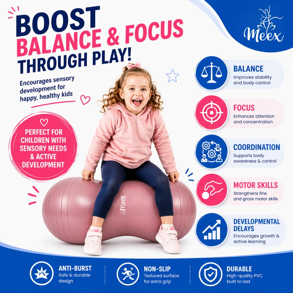 Meex Sensory Peanut Ball for Kids Therapy and Exercise - Enhance Balance, Motor Skills and Physical Therapy Calming Development with Our Yoga Ball - Flexible Seating for Autistic Children