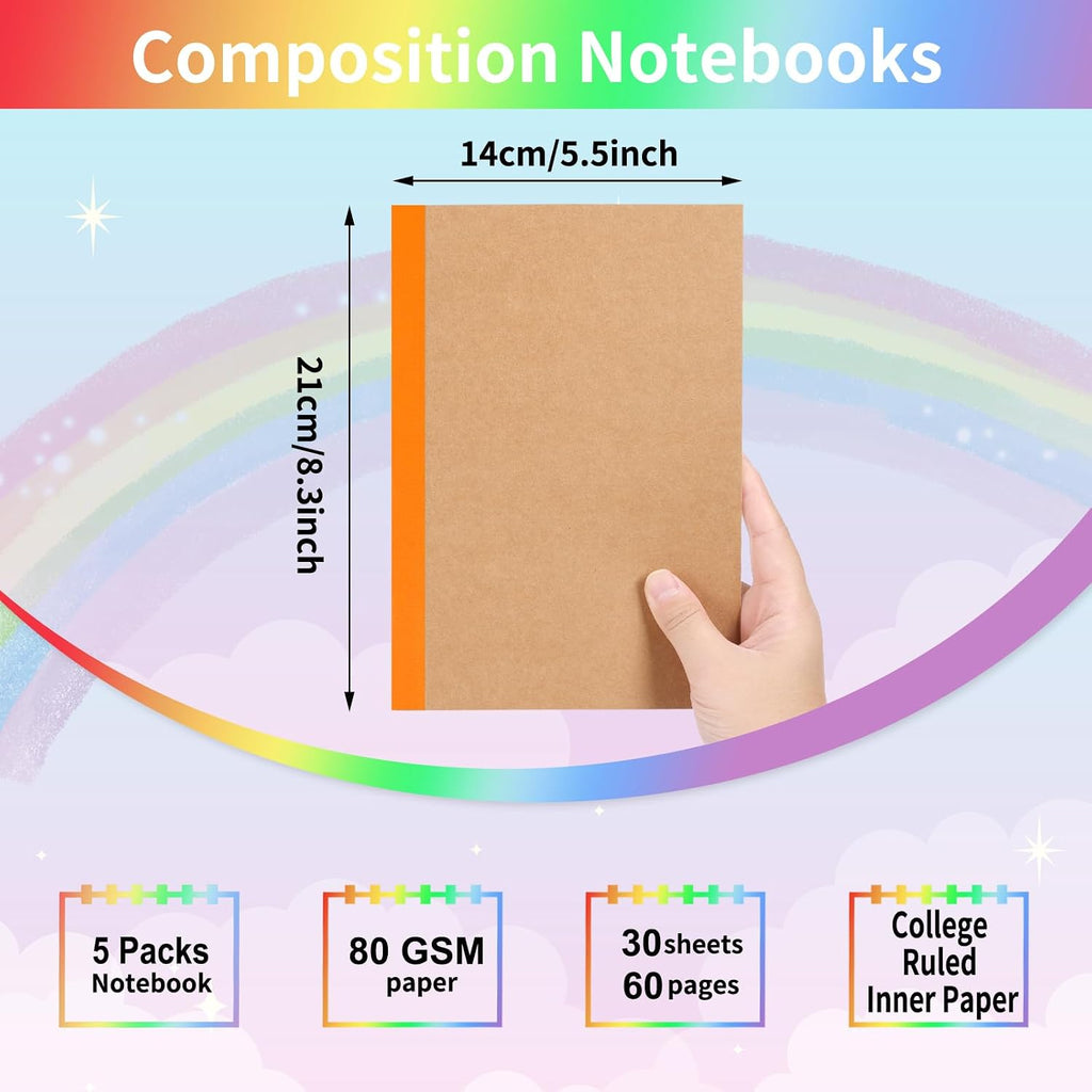 EOOUT 5 Pack A5 Composition Notebook, Kraft Lined Journal Bulk with Rainbow Spine, 5 Colors, 60 Pages for Women Girls Kids, School Office Supplies