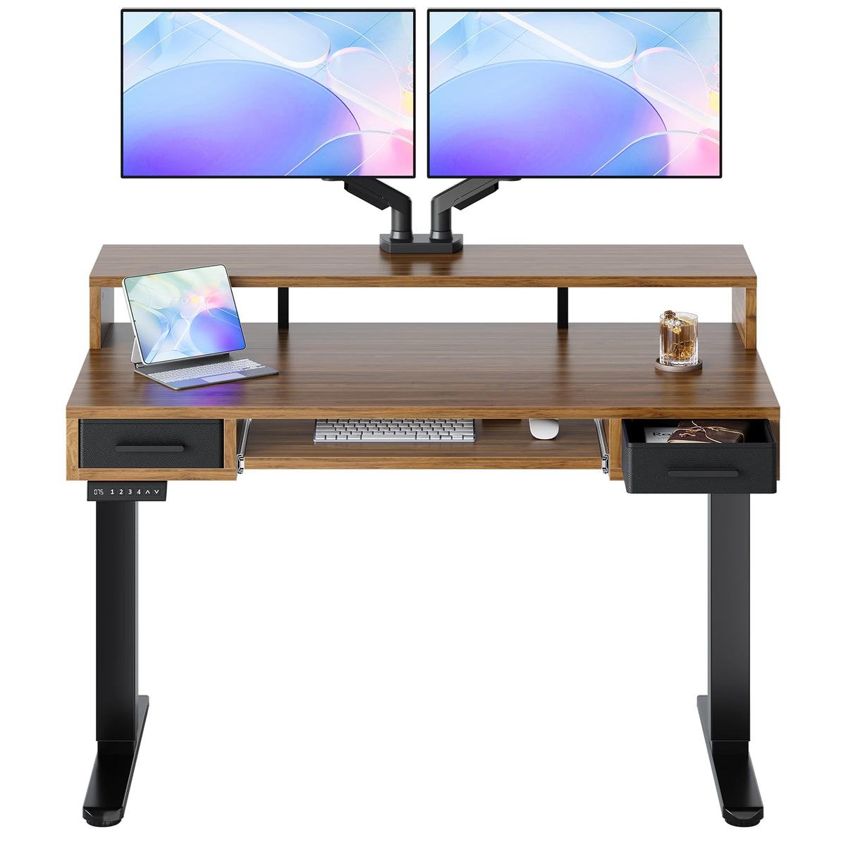 HUANUO 55″ x 26″ Electric Standing Desk with 2 Drawers &24.4″ Large Keyboard Tray, C-Clamp Mount Compatible, Adjustable Computer Desk for Office, Sit Stand Up Desk with 4 Height Presets, Light Walnut