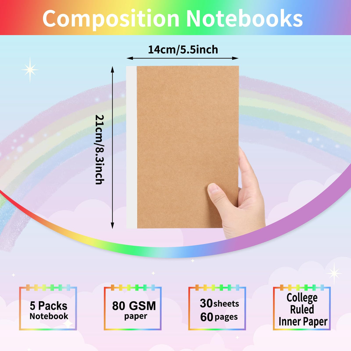 EOOUT 5 Pack A5 Composition Notebook, Kraft Lined Journal Bulk with Rainbow Spine, 5 Colors, 60 Pages for Women Girls Kids, School Office Supplies