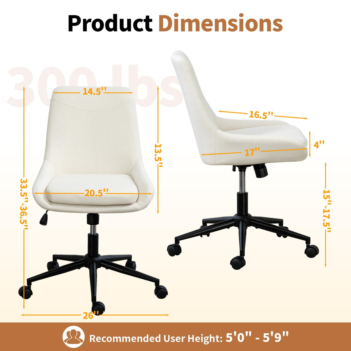 Home Armless Office Desk Chair, Linen Small Computer Chair with Adjustable Height, Removable Cushion, Comfy Rolling 360° Swivel Vanity Task Chair, Blue