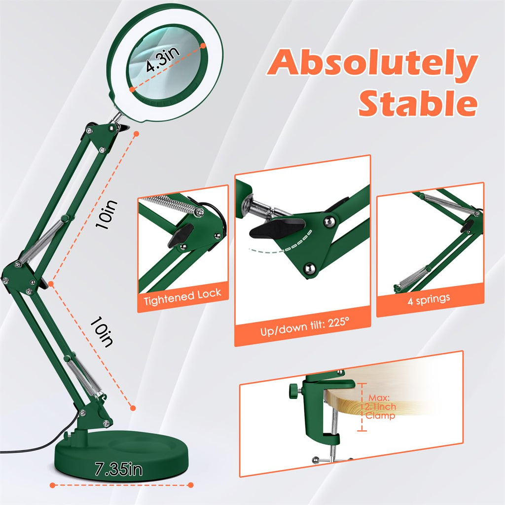 30X 12X Square Magnifying Glass with Light and Clamp, 36'' Ultra Long Lamp