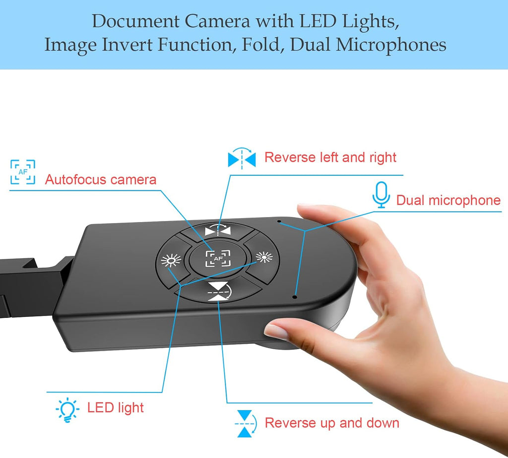 8MP USB Document Camera for Teachers and Classroom for A3 A4 Size with Dual Mic, 3-Level LED Light, Up and Down, Left and Right Image Inversion, for Distance Teaching & Learning