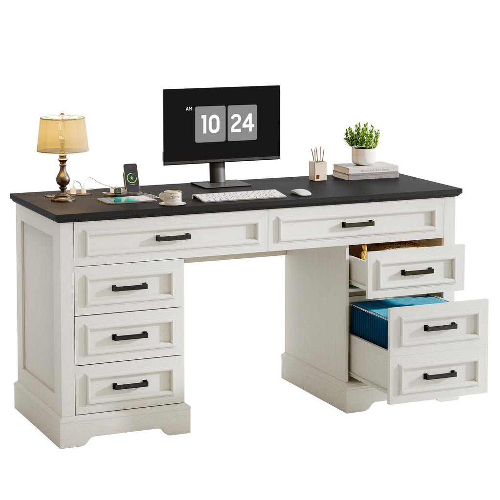 Vabches 51" Executive Desk Farmhouse Home Office Desk with Charging Station, LED Light, File Drawer, Storage Cabinet, Monitor Stand, Wood Computer Desk with Hutch for Work Study Writing (White)