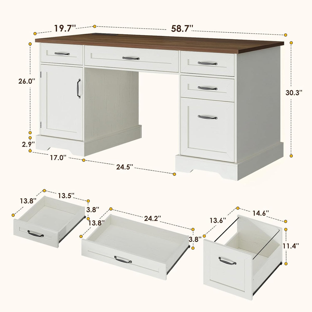 OffiGo Farmhouse 59 Inch Executive Desk with Drawers, Walnut+White