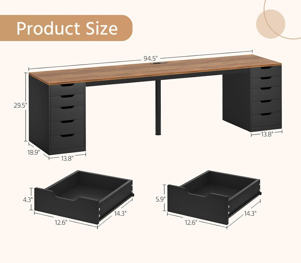 YOMILUVE 95" 2 Person Desk with 10 Drawers & Power Outlets for Home Office