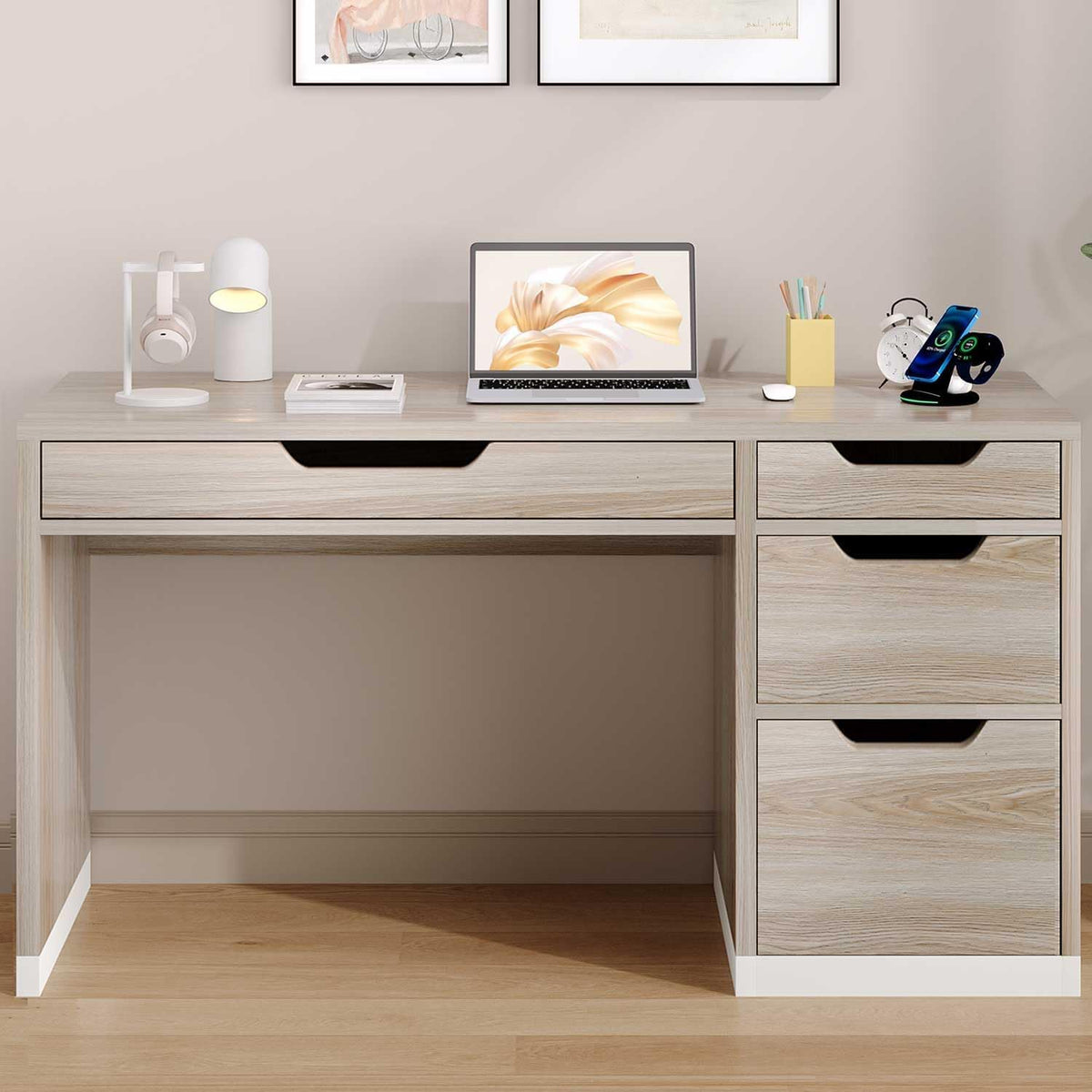 MaverickFurni White Desk with Drawers, 48 Inch Small Computer Desk