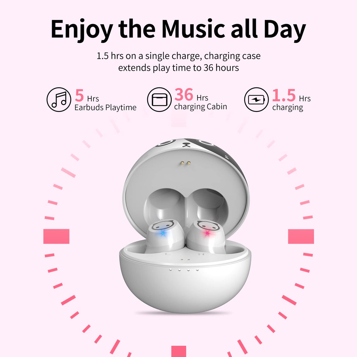 Wireless Earbuds for Kids, Headphones with Cute Panda Charging Case with Mic, Noise Cancelling,Typ-C, 3D Stereo Waterproof Bluetooth Buds for Sport & Outwork,3 x Ear caps(S,M,L)