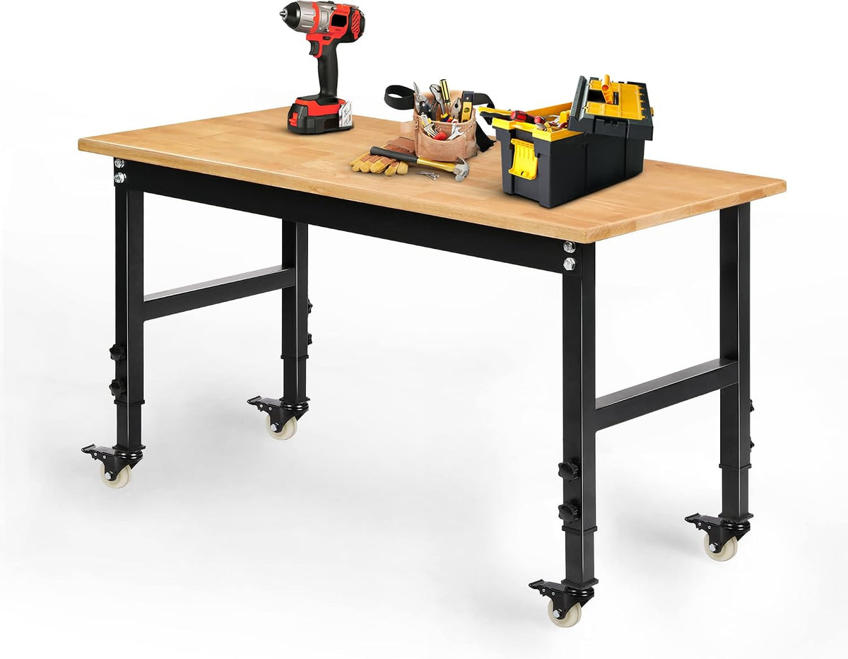 Betterhood 48" Heavy-Duty Adjustable Workbench for Garage, Rubber Wood Shop Table W/Metal Wheels, Hardwood Workstation Weight Capacity Over 2000 Lbs with Wheels