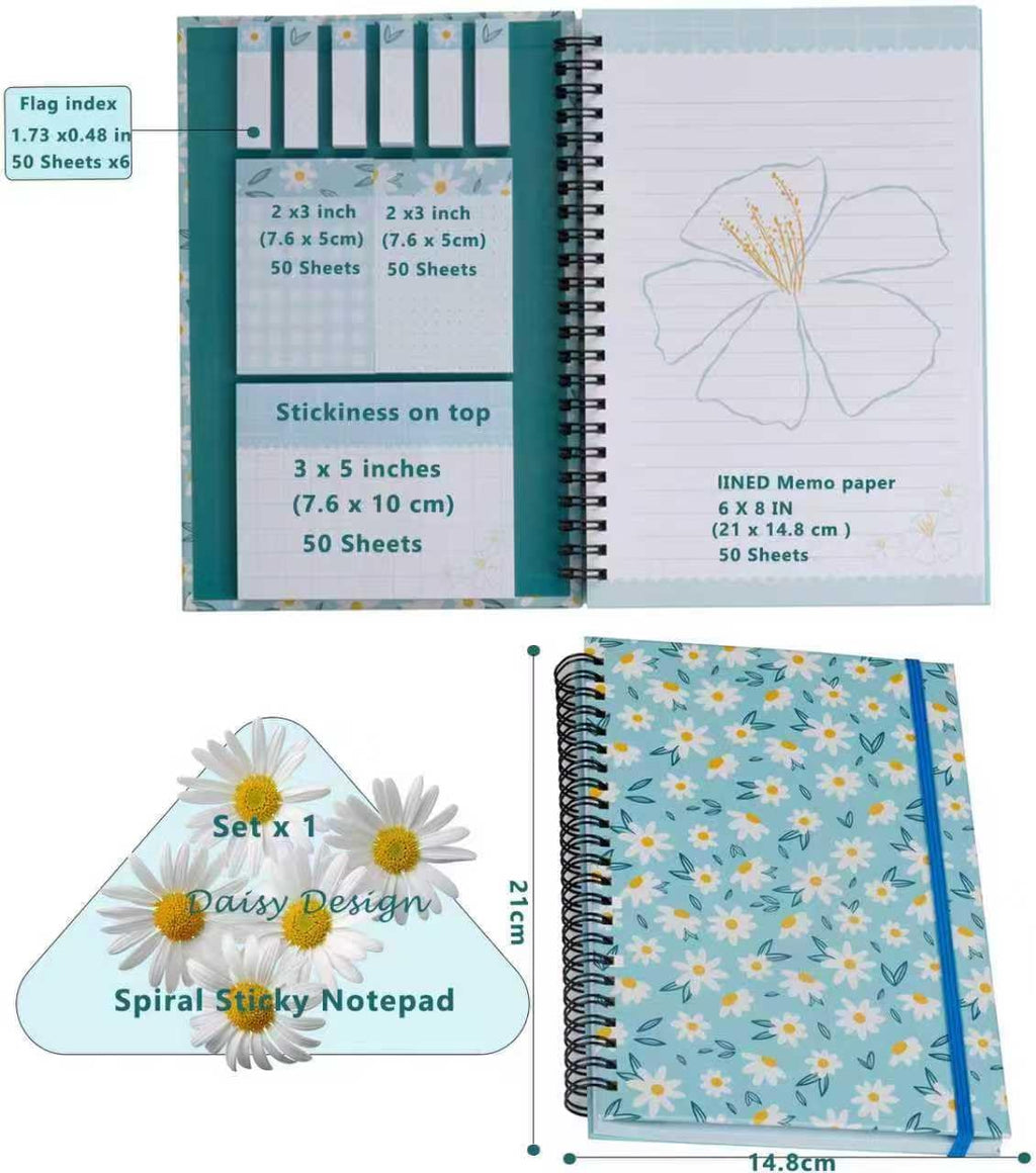 A5 Spiral Sticky Notebook,with 9 pads of decorated sticky notes and a handy notebook,for Bible study;Note Pads Teacher Appreciation Gift Writing Memo Pads School Office Supplies and Daily Life Organization (Daisy)