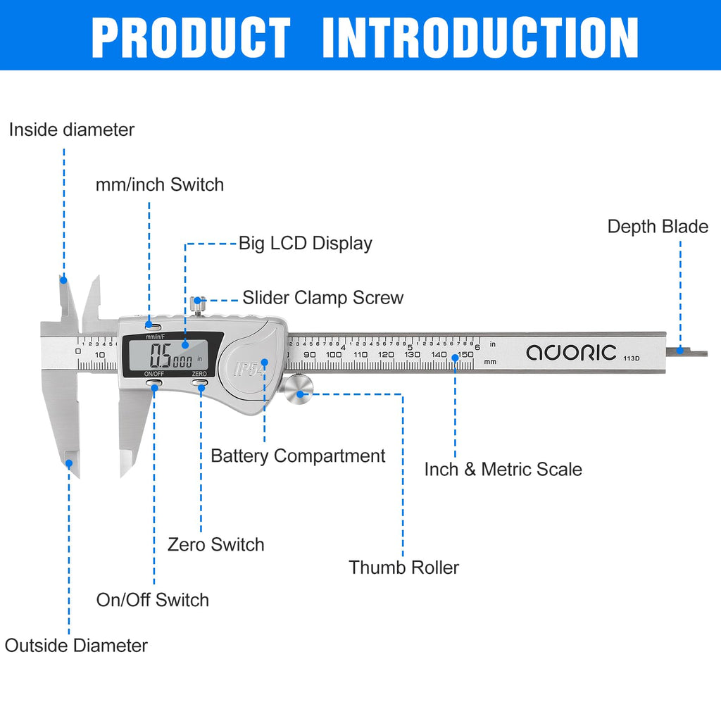Digital Caliper, Adoric Calipers 0-6 Inch, Inch/mm Conversion, Large LCD