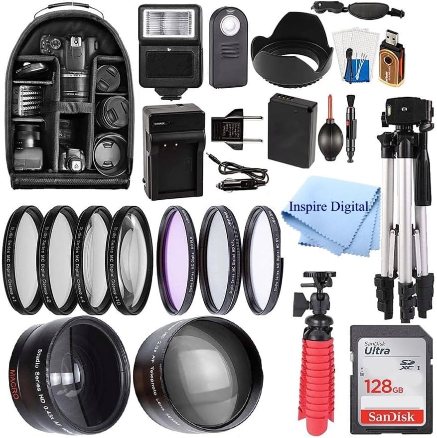 58mm Accessory Bundle for Canon EOS Rebel T7, T6, T5, T3, T100, 4000D, 2000D, 3000D and More with 128GB SanDisk Memory Card, Wide Angle Lens, Telephoto Lens, Tripod, Backpack W/Inspire Digital Cloth