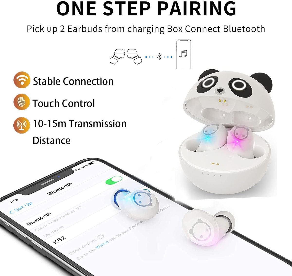 Wireless Earbuds for Kids, Headphones with Cute Panda Charging Case with Mic, Noise Cancelling,Typ-C, 3D Stereo Waterproof Bluetooth Buds for Sport & Outwork,3 x Ear caps(S,M,L)