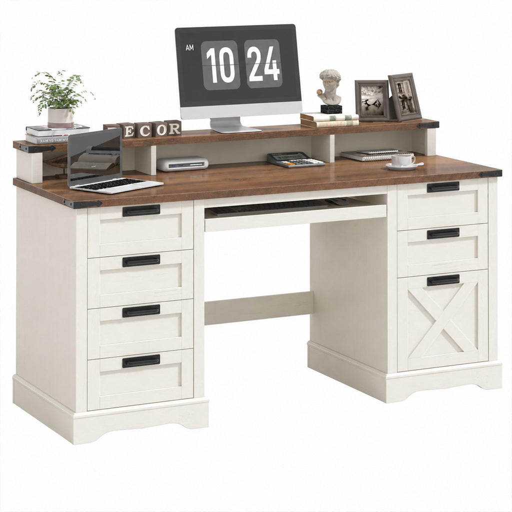 Vabches 51" Executive Desk Farmhouse Home Office Desk with Charging Station, LED Light, File Drawer, Storage Cabinet, Monitor Stand, Wood Computer Desk with Hutch for Work Study Writing (White)